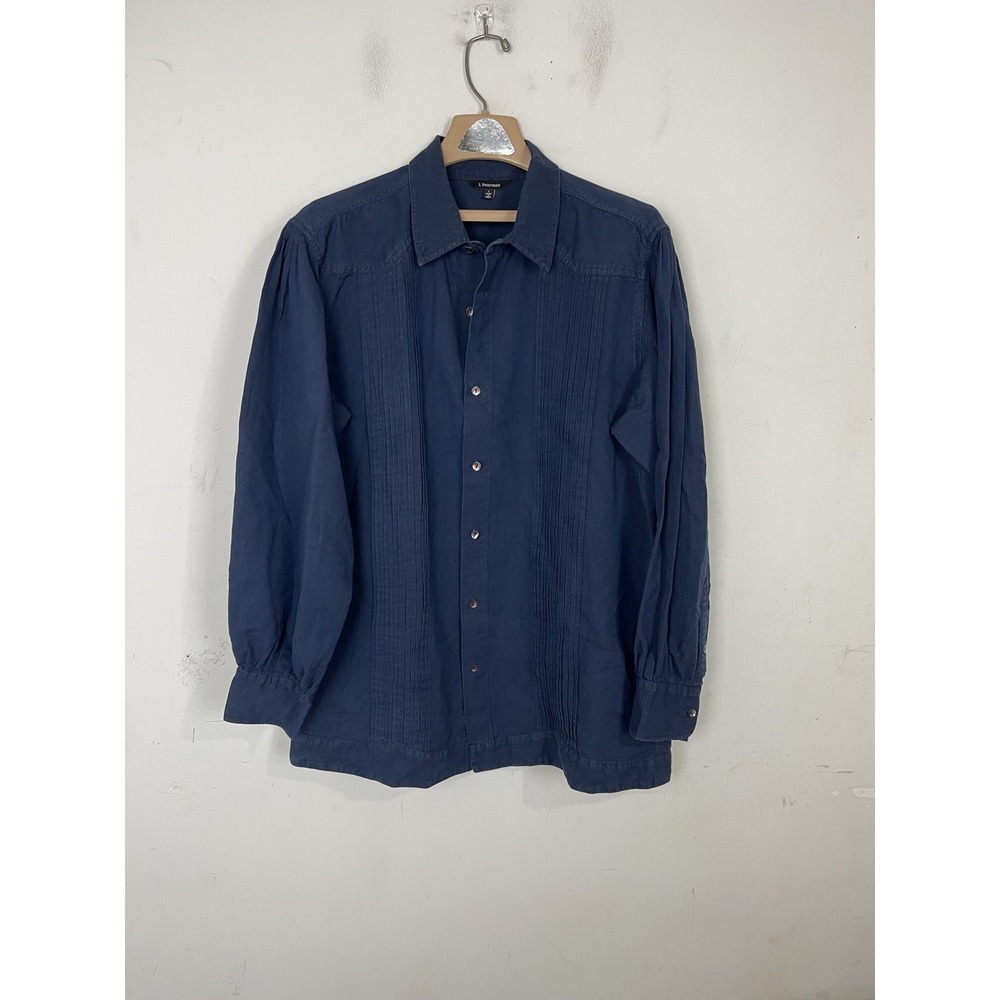 J Peterman Mens Shirt Large Pleated Front Button Up Blue Linen Cotton Pin Tuck